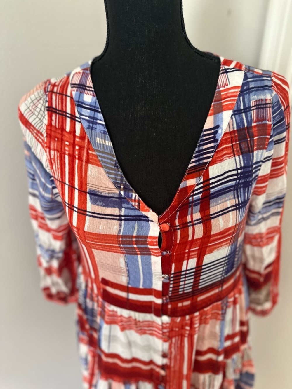 Maeve Anthropologie Lila Tiered Sz:S Ruffle Red Plaid Tunic Shirt Flowy Blouse - Picture 5 of 12